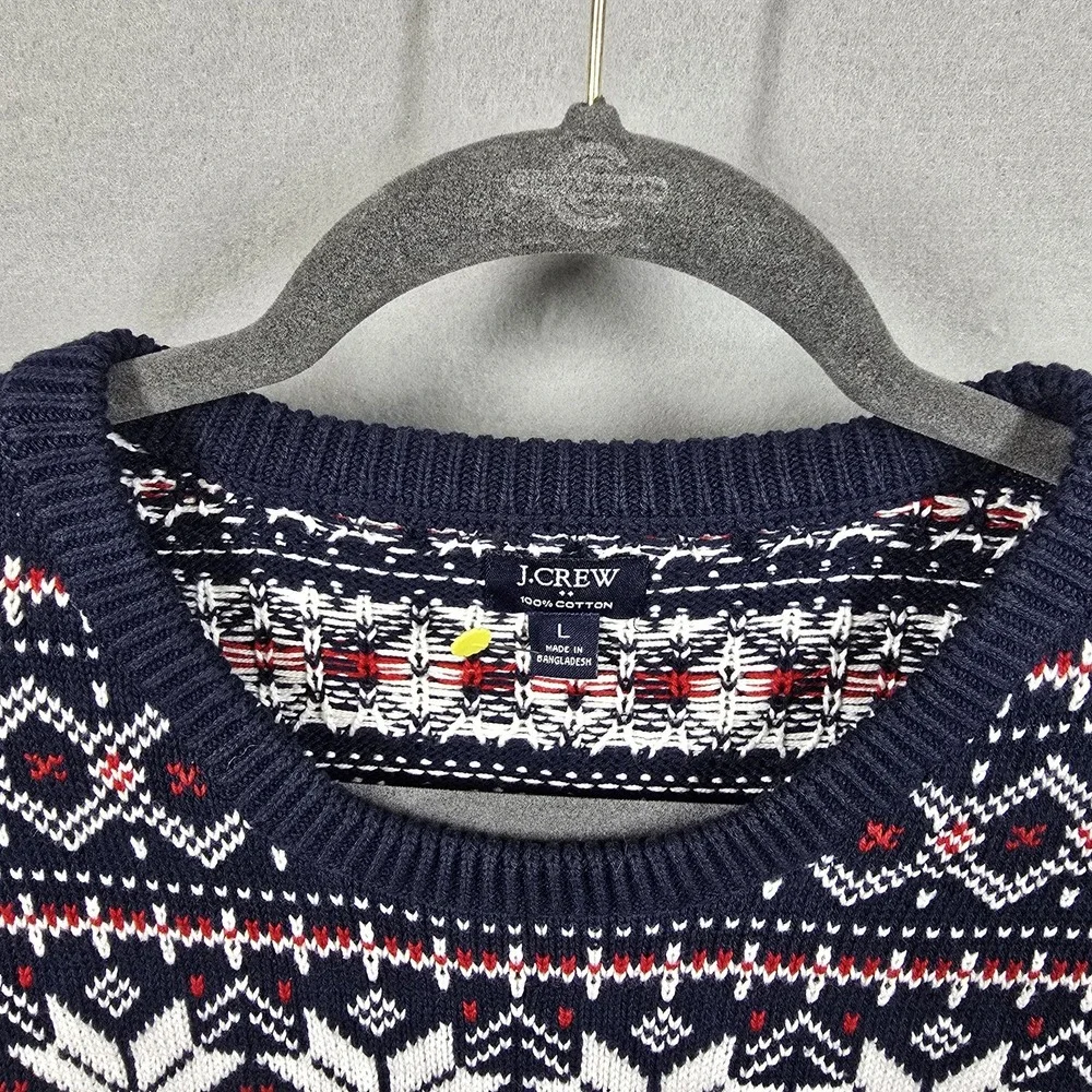 J Crew Sweater Mens Large Navy‎ White Fair Isle Snowflake Knit Pullover